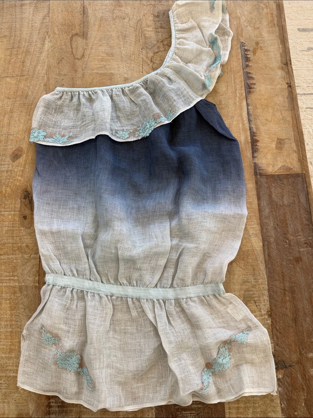 Vanita Rosa One-Shoulder Ombre Linen Top with Aqua lace.